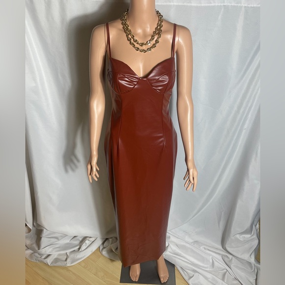 Micas Cognac Faux Leather Midi Dress Sweetheart Bustier Bodycon S